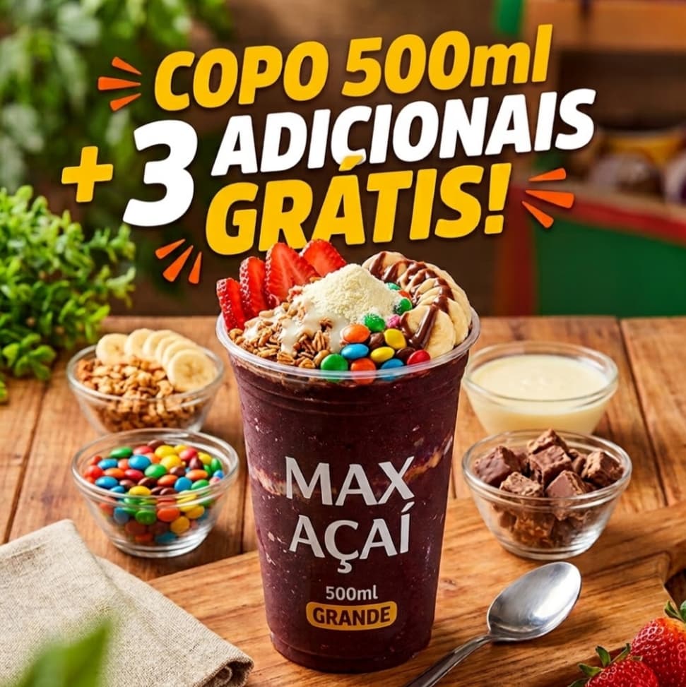 Açaí Copo 500 ml C/ 3 Adicionais Grátis