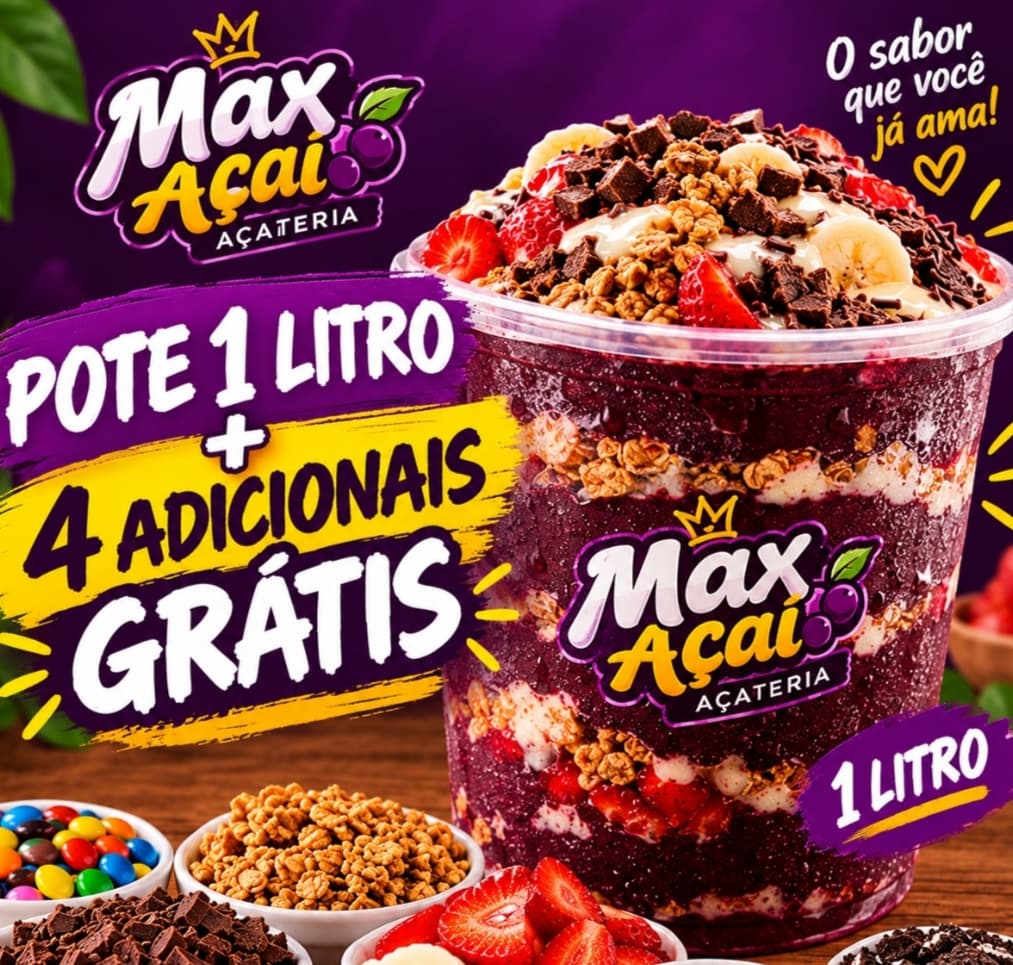 Açaí Pote de 1 Litro C/ 4 Adicionais Grátis