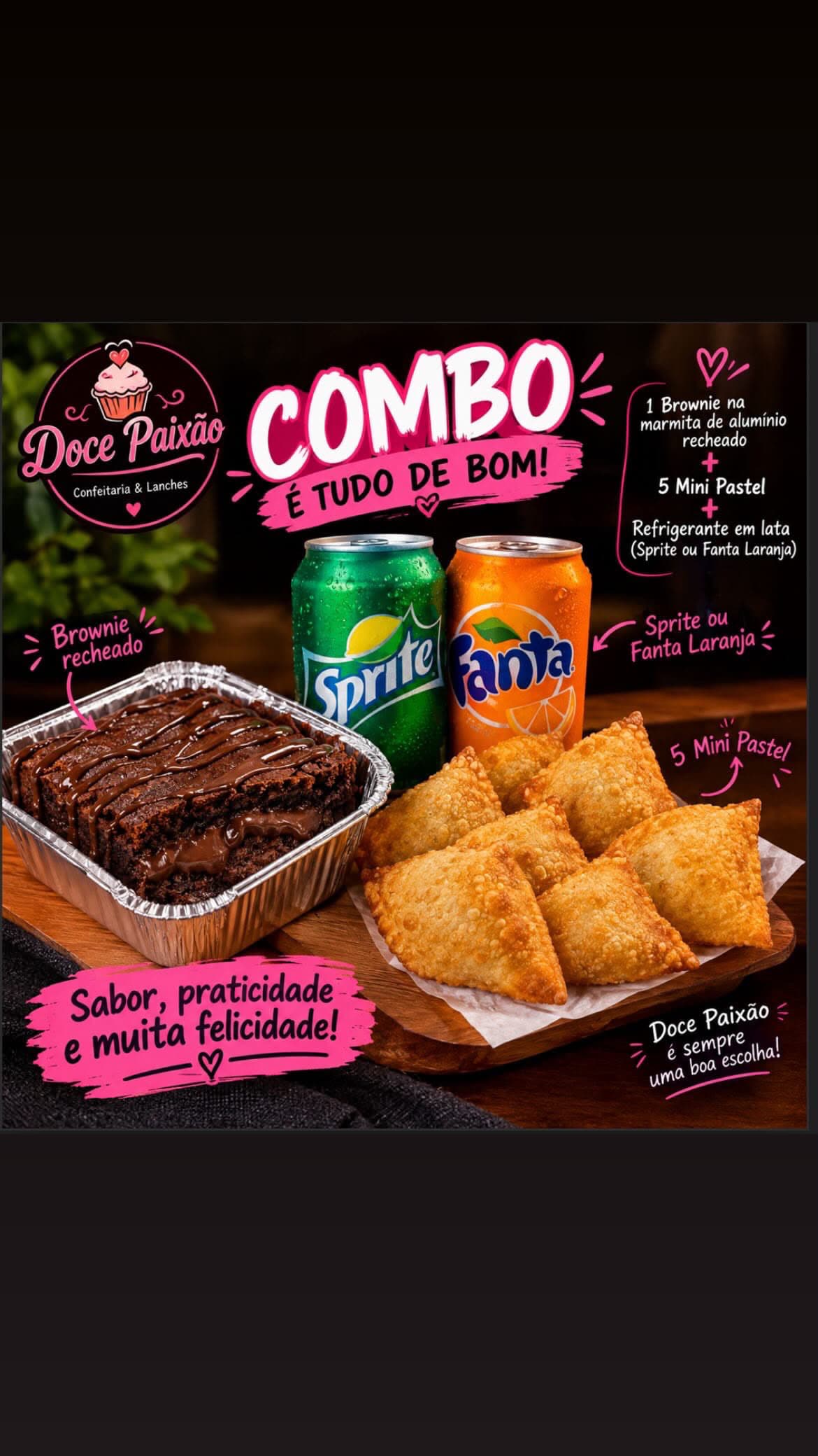 Combo Mini Brownie + Copo da Felicidade Mini + 4 Pastel + 1 Coca em Lata