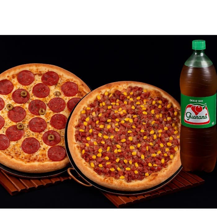 1 BACON E MILHO 35cm + 1 CALABRESA 35cm + 1 GUARANA 2L